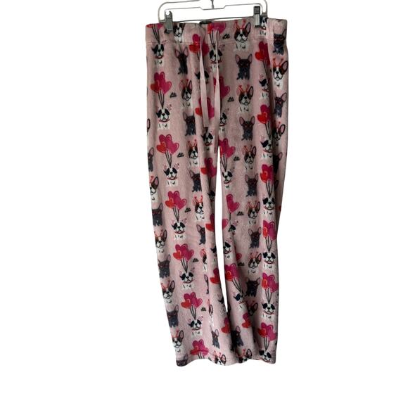 Doggie Drawings Pajama Pants Womens Small Pink French Bulldog Hearts Fleece Cute - Picture 1 of 9
